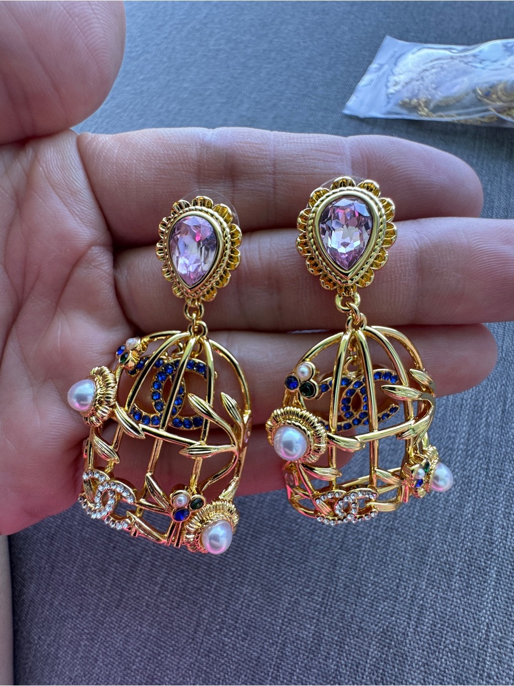 Luxury Gold-Tone Pink Crystal & Pearl Birdcage Drop Earrings